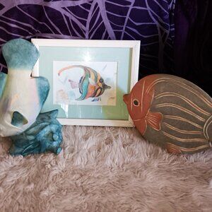 Swim into Vintage 90's Decor! Beautiful Carved Fish Sculptures and Framed Art
